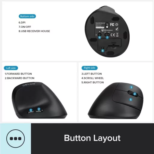 DELUX Ergonomická vertikálna bezdrôtová myš pre malé ruky, 6 tlačidiel, 2400 DPI