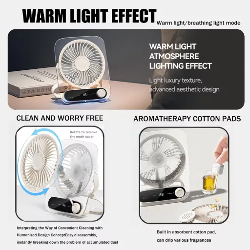 Intckwan Csendes Asztali Ventilátor 199 Fokozat, 3000mAh Akkumulátor, USB, LED, Aromaterápia