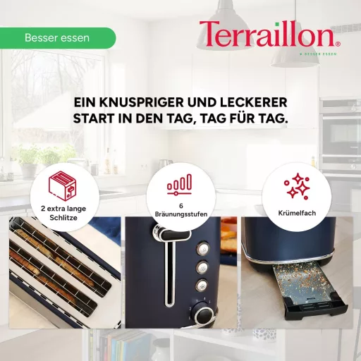 TERRAILLON New Moon hosszú kenyérpirító, 2 extra nagy nyílás, 6 fokozat, 1550W, rozsdamentes acél, kék