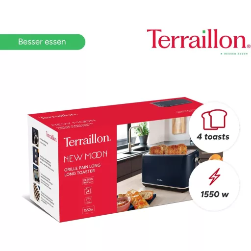 TERRAILLON New Moon hosszú kenyérpirító, 2 extra nagy nyílás, 6 fokozat, 1550W, rozsdamentes acél, kék