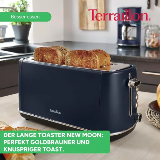 TERRAILLON New Moon hosszú kenyérpirító, 2 extra nagy nyílás, 6 fokozat, 1550W, rozsdamentes acél, kék