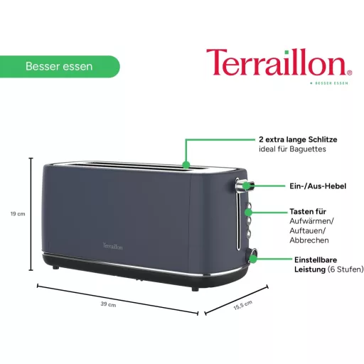 TERRAILLON New Moon hosszú kenyérpirító, 2 extra nagy nyílás, 6 fokozat, 1550W, rozsdamentes acél, kék