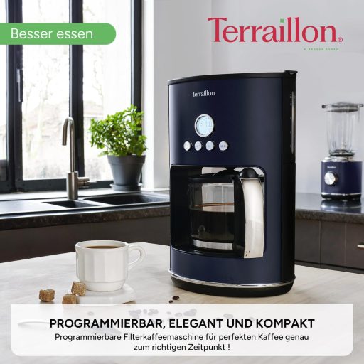 Terraillon - New Moon Programmable Electric Drip Coffee Maker Glass Jug 1080W Capacity 1.25L Keep Warm Function Anti Drip Removable Filter Painted Body