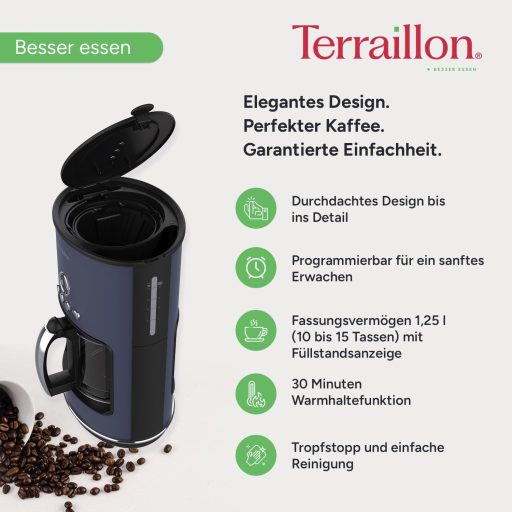 Terraillon - New Moon Programmable Electric Drip Coffee Maker Glass Jug 1080W Capacity 1.25L Keep Warm Function Anti Drip Removable Filter Painted Body
