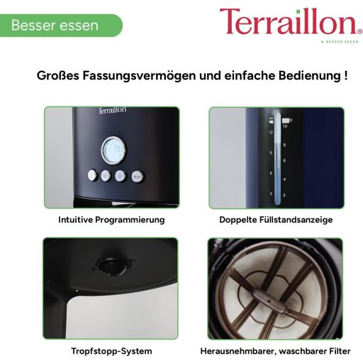 Terraillon - New Moon Programmable Electric Drip Coffee Maker Glass Jug 1080W Capacity 1.25L Keep Warm Function Anti Drip Removable Filter Painted Body