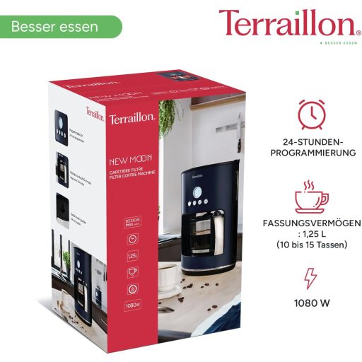 Terraillon - New Moon Programmable Electric Drip Coffee Maker Glass Jug 1080W Capacity 1.25L Keep Warm Function Anti Drip Removable Filter Painted Body