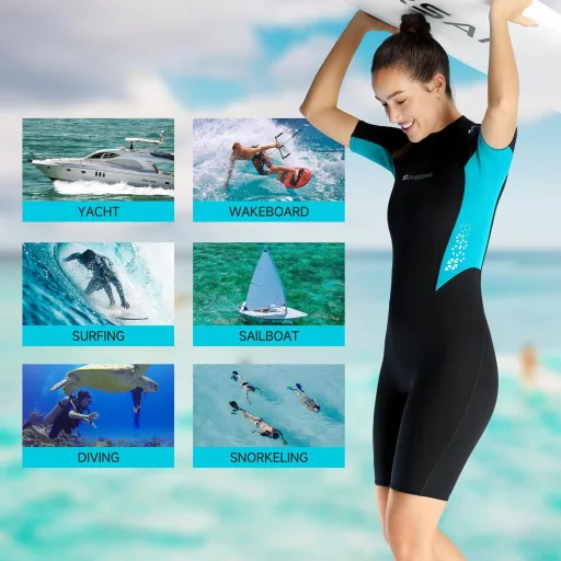 Costum scurt de neopren pentru femei X-mAnTA, 1,5 mm - Costum de sporturi nautice cu mânecă scurtă pentru înot, scufundări, surfing - Negru-Albastru XS