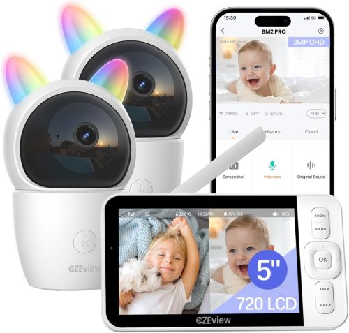 CZEview Bébiőr 2 Kamerával és Applikációval - 2K/5" WLAN Monitor Osztott Képernyővel, 360° PTZ, 4x Zoom, Éjjellátó, Automatikus Követés