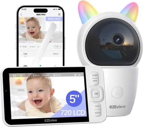 CZEview Bébiőr 2K Kamerával - 5" WiFi Videó Monitor, 360° PTZ, 4x Zoom, Éjjellátó, Mozgásérzékelés, Hőmérsékletjelző, Applikációval