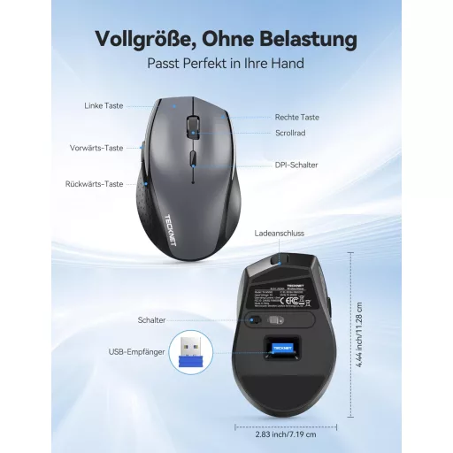 TECKNET PRO Vezeték nélküli egér 6400 DPI, ergonomikus, 6 gomb, szürke