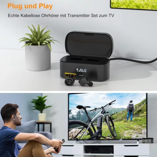 1Mii Wireless TV Fejhallgató Adóval, Időseknek, 2.4GHz, Optikai/AUX/RCA Csatlakozás