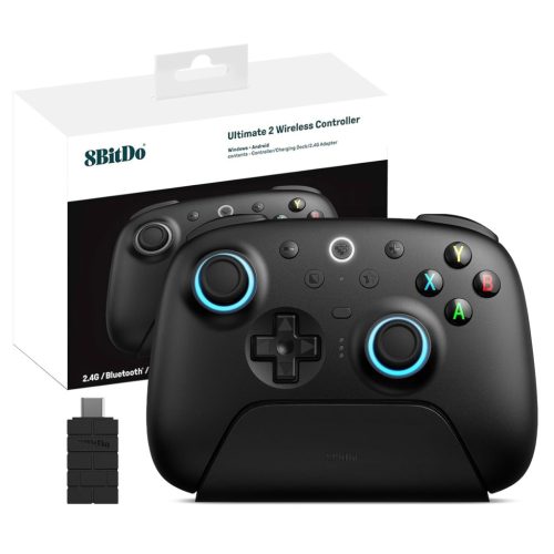 8Bitdo Ultimate 2 Vezeték Nélküli Kontroller PC és Android Eszközökhöz - MTR Joystick, RGB Fények, Állítható Ravaszok, Töltőállomás, Fekete