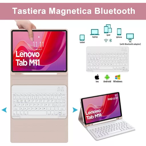 WAVATA Lenovo Tab M11 2024 Bluetooth billentyűzet tok Pink mágneses leválasztható