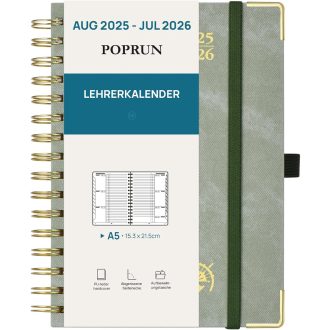   POPRUN Nastavnički Kalendar 2025.-2026. A5 Uvez Prstenasti Maslinasto Zeleni - Nastavnički Planer PU Koža Tvrdi Uvez