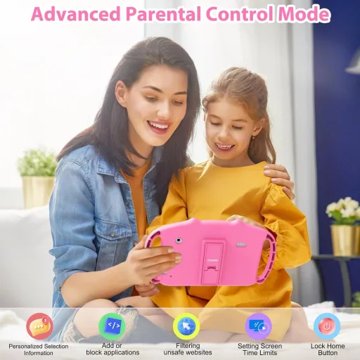 VESWWE Gyerek Tablet 7 Hüvelyk Android WiFi 32GB Dupla Kamera Szülői Felügyelet 3-14 Éveseknek Rózsaszín