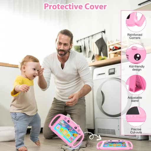 Tabletă pentru copii VESWWE, 7 inch, Android, WiFi, 32 GB, cameră dublă, control parental, pentru copii de 3-14 ani, roz