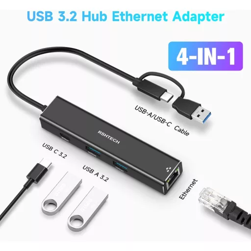 RSHTECH USB-C hub s Ethernet adapterom, 4-portni USB 3.2 razdjelnik s 1 Gbps mrežnim adapterom