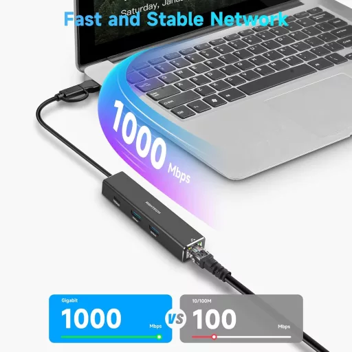 RSHTECH USB-C Hub Ethernet adapterrel, 4 portos USB3.2 elosztó 1Gbps hálózati adapterrel