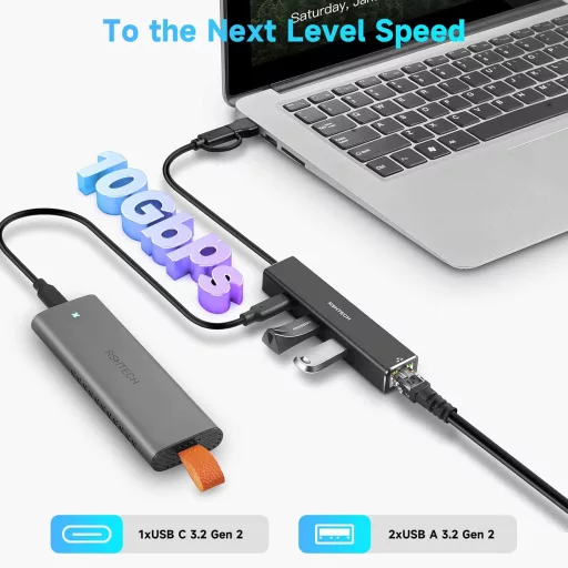 RSHTECH USB-C hub s Ethernet adapterom, 4-portni USB 3.2 razdjelnik s 1 Gbps mrežnim adapterom