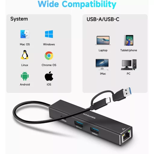 RSHTECH USB-C Hub Ethernet adapterrel, 4 portos USB3.2 elosztó 1Gbps hálózati adapterrel