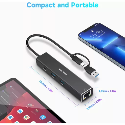 RSHTECH USB-C hub s Ethernet adapterom, 4-portni USB 3.2 razdjelnik s 1 Gbps mrežnim adapterom