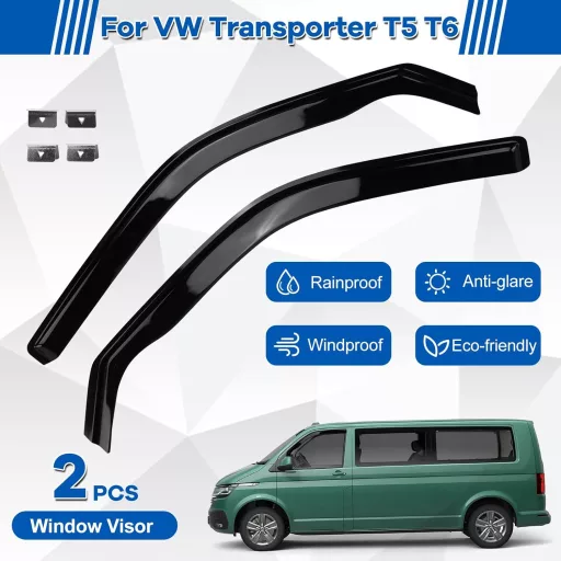 ZWPARTS Szélterelő Készlet VW T5 T6 Modellekhez - 2db Fekete Öntapadós Ablak Légterelő, Eső és Szélvédő, Klipsszel Rögzíthető Oldalsó Ablako