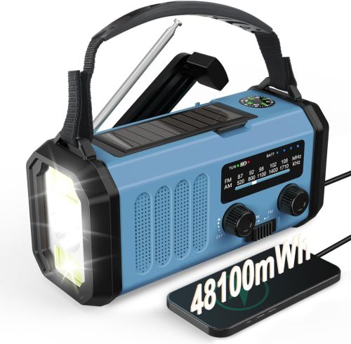 AXYEBI Kézi Hajtású Vészhelyzeti Rádió 13000 mAh Akkumulátorral - AM/FM Vétel, Napelemes Töltés, Zseblámpa, Olvasólámpa, Telefontöltő, Irány