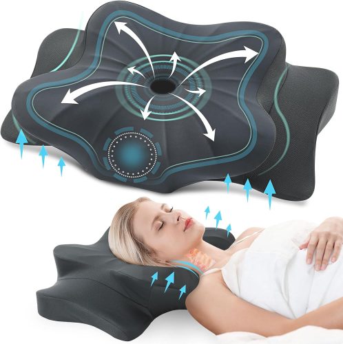 Pernă Ergonomică pentru Gât DONAMA Memory Foam - Pentru Persoane Care Dorm pe O Parte, pe Spate și pe Burtă, cu Husă Respirabilă, 2 Niveluri de Înălțime, Gri Închis