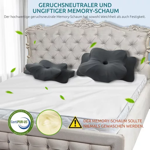 Pernă Ergonomică pentru Gât DONAMA Memory Foam - Pentru Persoane Care Dorm pe O Parte, pe Spate și pe Burtă, cu Husă Respirabilă, 2 Niveluri de Înălțime, Gri Închis