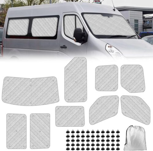 JinsenTGG Napvédő Szélvédőtakaró Renault Master 2010-2023 SWB és Opel Movano - 9 részes Hőszigetelő Alumínium Fólia Napellenző Takaró