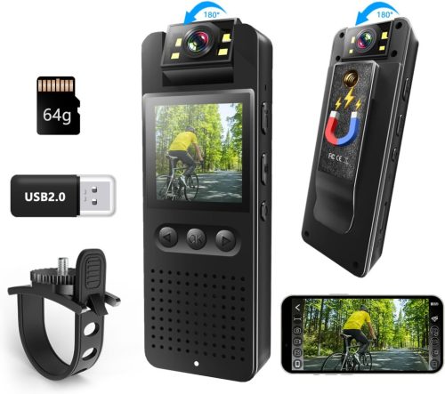 Bextgoo Testkamera 64GB Memóriakártyával - 1080P FHD Akciókamera Színes Éjjellátással, 16MP Fotók, Mágneses Klip és Kerékpártartó, Sisak Vid