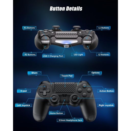 Controller Wireless RUIZHI pentru PS4 - Gamepad pentru Playstation 4 compatibil cu PC, cu funcție Turbo, vibrații și senzori giroscopici