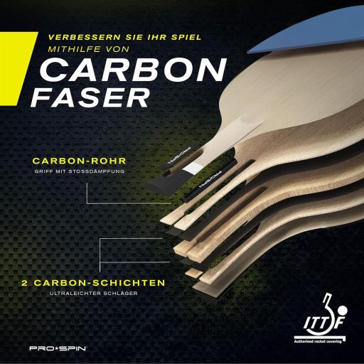 PRO-SPIN Profi Pingpong Ütő Karbon, Spin Gumi, 2.0mm Szivacs Védelemmel
