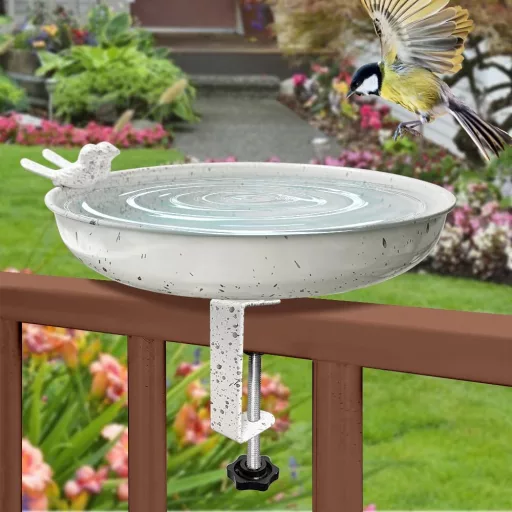 Bseical Mrazuvzdorné závesné kŕmidlo pre vtáky - Železný vtáčí kúpeľ upevniteľný na balkónové zábradlie pre záhradné divé vtáky, vonkajšia vodná miska odolná voči poveternostným vplyvom pre okrasné vtáky