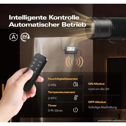 BUMSOU 100mm Csatornaventilátor Páratartalom és Hőmérséklet Érzékelővel, Időzítővel