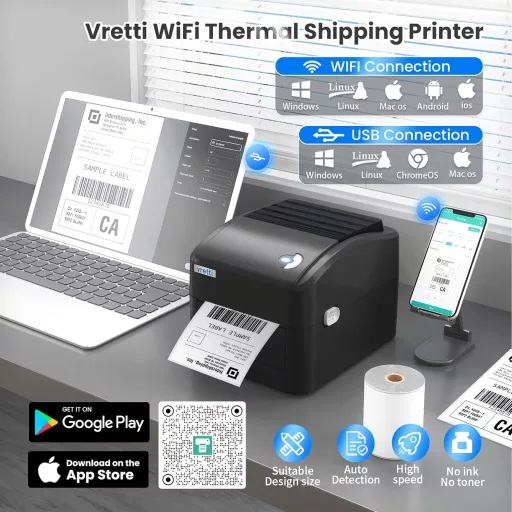 Imprimantă etichete vretti WiFi și USB - Imprimantă etichete colete 4x6 inci cu suport XXL pentru hârtie, acuratețe scanare 99,99%, Amazon, Shopify, DHL.