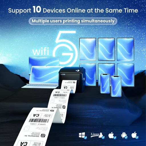 vretti Címkenyomtató WiFi és USB - 4x6 Hüvelykes Csomagcímke Nyomtató XXL Papírtartóval, 99,99% Szkennelési Pontosság, Amazon, Shopify, DHL,