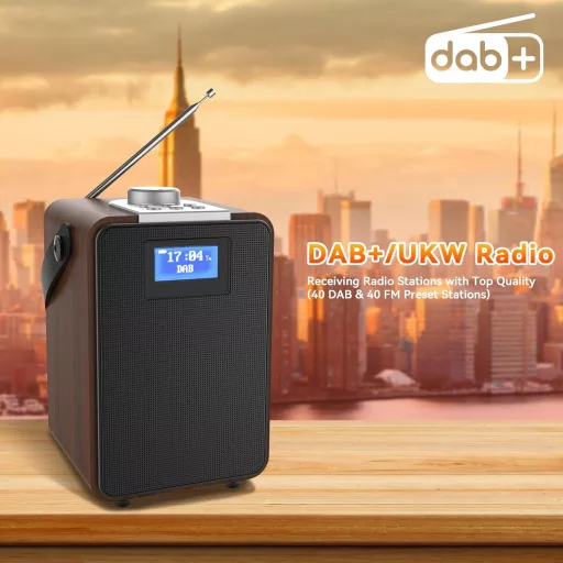 MONODEAL DAB+ Rádió Bluetooth-al, Kettős Ébresztőóra, Újratölthető Konyhai Rádió - wood-coloured