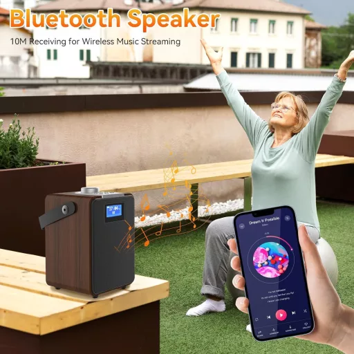 MONODEAL DAB+ Rádió Bluetooth-al, Kettős Ébresztőóra, Újratölthető Konyhai Rádió - wood-coloured