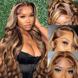   ELEE'S HAIR Ombre Highlight Paróka Valódi Brazíliai Haj 13x4 HD Csipke Elöl 24 Inch