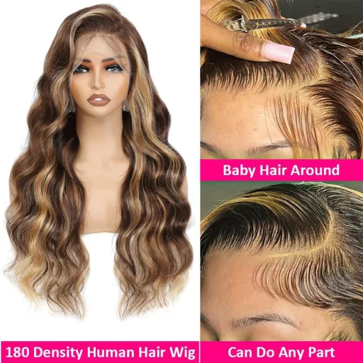 ELEE'S HAIR Ombre Highlight Paróka Valódi Brazíliai Haj 13x4 HD Csipke Elöl 24 Inch