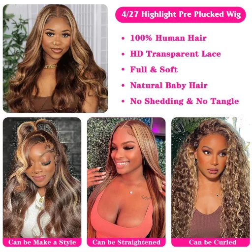 Perucă Ombre Highlight ELEE'S HAIR din Păr Natural Brazilian, Dantelă HD 13x4 în față, 24 Inci