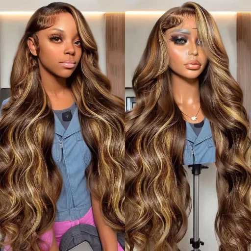 ELEE'S HAIR Ombre Highlight Paróka Valódi Brazíliai Haj 13x4 HD Csipke Elöl 24 Inch