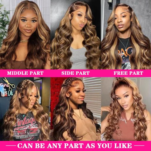 ELEE'S HAIR Ombre Highlight Paróka Valódi Brazíliai Haj 13x4 HD Csipke Elöl 24 Inch