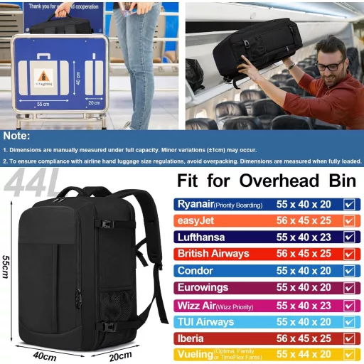 LIGSAN 55x40x20 cm Utazási Hátizsák Repülőgépes Kézipoggyász 44L Laptop Táska - Lufthansa 55x40x20cm-44L, Black