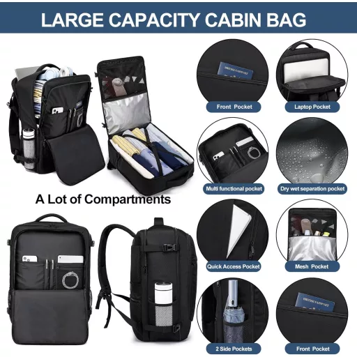 LIGSAN 55x40x20 cm Utazási Hátizsák Repülőgépes Kézipoggyász 44L Laptop Táska - Lufthansa 55x40x20cm-44L, Black