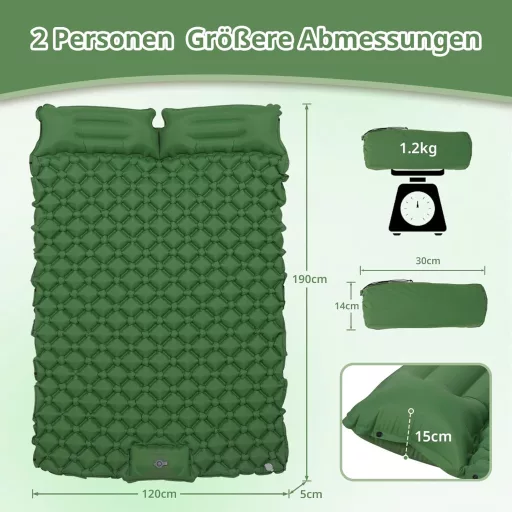 Samonafukovacia kempingová karimatka KioGro pre 2 osoby, nožná pumpa, integrovaný vankúš, vodoodolná 120x190 cm