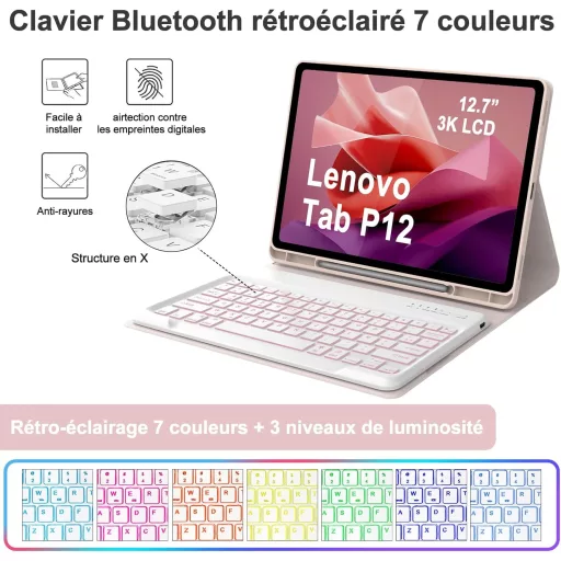 IVEOPPE Lenovo Tab P12 12,7" Billentyűzetes Tok AZERTY Hátérvilágítás