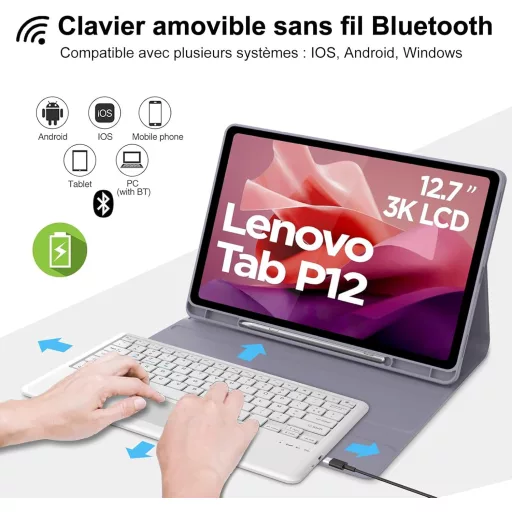 IVEOPPE Lenovo Tab P12 12,7" Billentyűzetes Tok AZERTY Lavanda