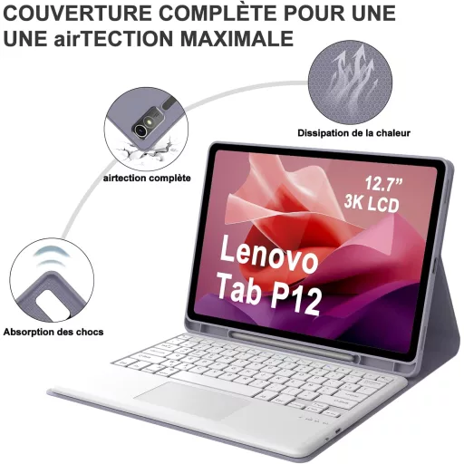 IVEOPPE Lenovo Tab P12 12,7" Billentyűzetes Tok AZERTY Lavanda